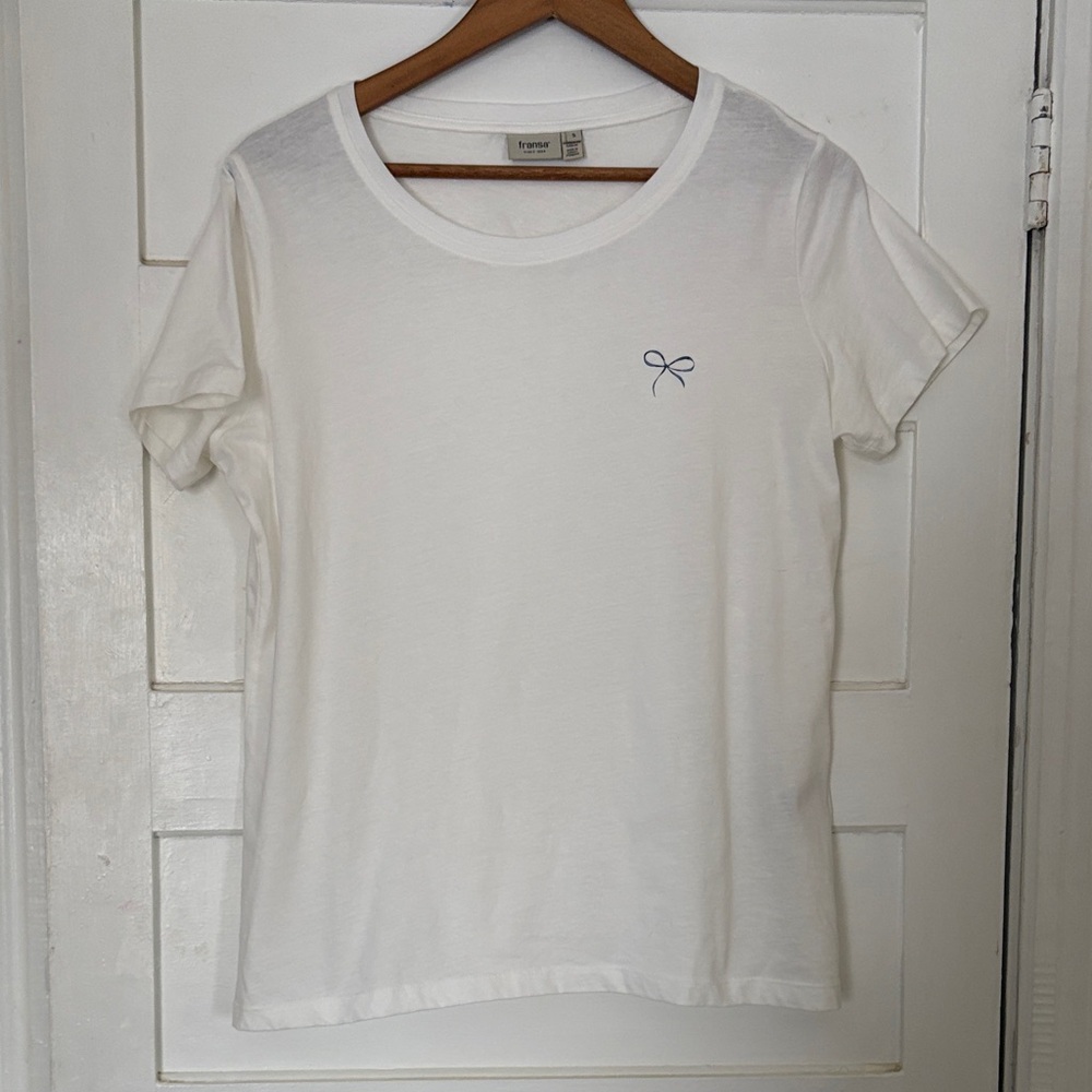White Tee with Blue Bow Detail
